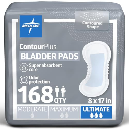 Medline ContourPlus Bladder Pads, Women & Men, Discreet, Long Length, Incontinence, Overnight, Postpartum, Leaks, Ultimate Absorbency, 8x17, 168-Count
