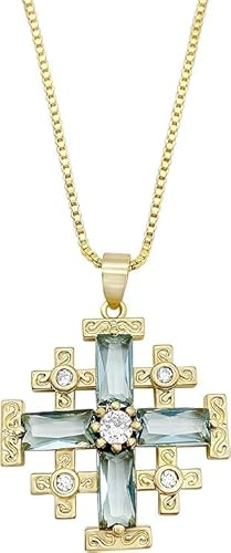 Nazareth Store Pendentif croix de Jérusalem plaqué or jaune 18 carats avec topaze cristallisée et chaîne de 50,8 cm