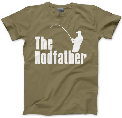 HotScamp The Rodfather Mens T Shirt - Fishing Clothing for Men - Fishing Gear - Funny Dad Tshirt - Khaki, L