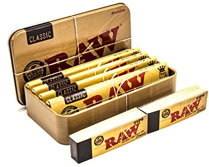 Raw, Tabak- / Zigaretten- / Zigarettenpapier-Aufbewahrungsdose mit 4 klassischen King-Size-Papern und 2 Heften mit Raw-Zigarettenspitzen zum Selbstrollen