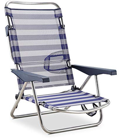 Solenny Chaise de Plage Lit Pliable 4 Positions Bleu et Blanc Dossier Bas avec Accoudoirs 81x62x86 cm
