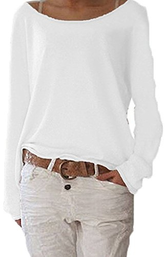 ZIOOER Suéter de Mujer Camiseta de Manga Larga Cuello Redondo Blusa Suelta Camisas de Manga Larga Camisa Suéter Sudadera Tops Blanco XXL