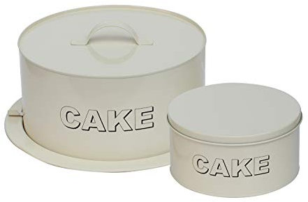 Metal 2PC Cake Carrier & Cake Tin Storage Set - Antique Cream Finish - Secure Clip Lock Closure
