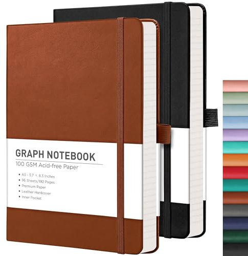 RETTACY Graph Grid Paper Notebook, 2-Pack, 192 Pages per Pack, A5 Medium Size (5.7'' x 8.3''), Leather Hardcover, 100 GSM Thick Paper, for School, Students, Math, Engineering (Black & Brown)