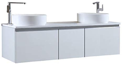 StoneArt Badmöbel Set Mineralguss Waschbecken Waschschale Aufsatzwaschbecken und Unterschrank Waschtisch Einzel- oder Doppelwaschbecken Milano ME-1600pro-6 weiß 160cm