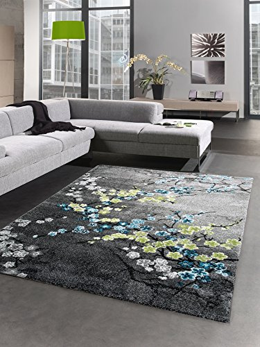 CARPETIA Teppich Kurzflor Teppich Wohnzimmerteppich Blumen grau türkis blau Größe 120x170 cm