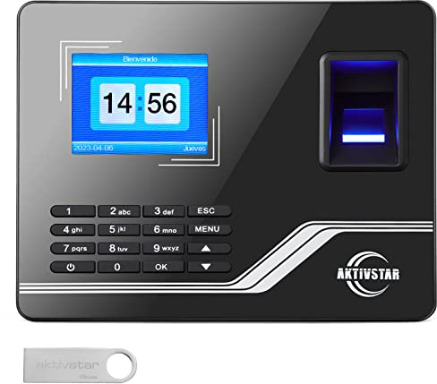 Aktivstar Control Horario Empleados, Máquina de Fichar con Pantalla, Memoria USB de 8GB, Máquina de Asistencia Biométrica con Capacidad de 1000 Huellas,Sistema Española,Sin Conexión Internet