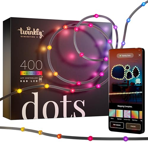 Twinkly Dots 20m, Mehrfarbiger, Flexibler LED-Streifen, für Drinnen & Draußen, Kompatibel mit Alexa und Google Home, IP44, Über 16 Mio. Farben, App-Steuerung, Schwarzes Kabel, 400 LEDs