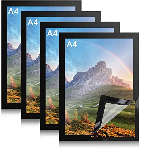 Newellsail Magnetrahmen A4 Selbstklebend Magnetischer Display-Rahmen A4 Magnetisch Info-Rahmen für Dokumente, Lizenz, Fotos, Notizen, Poster, Bilder (4 Stück, Schwarz)