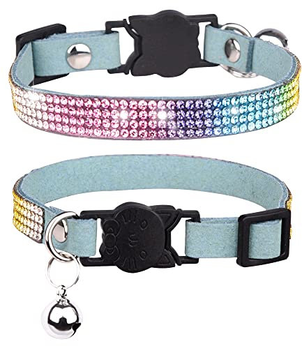 Katzenhalsband mit Strasssteinen, mit Glöckchen, glitzernd, mit weichem Samt, Diamanten, Himmelblau, S