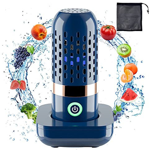 Machine à Laver Les Fruits et Légumes, Nettoyeur Portable avec Technologie de Purification d'Ions OH, Purificateur d'aliments Sans Fil USB avec Sac en Filet, pour Nettoyer Fruits, Légumes, Riz (bleu)