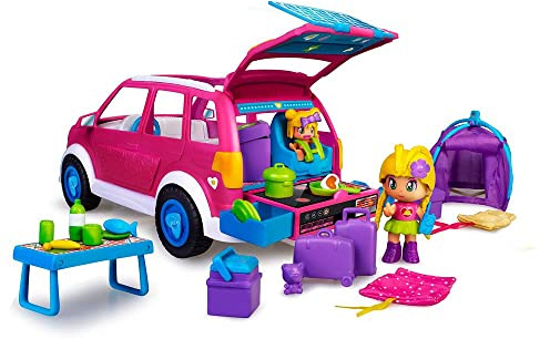 PIN Y PON Coche Camping, Autocaravana de Juguete, vehículo Familiar de Verano para Acampar, con una minimuñeca y un bebé y Muchos Accesorios, para niñas y niños a Partir de 4 años, Famosa (700017015)