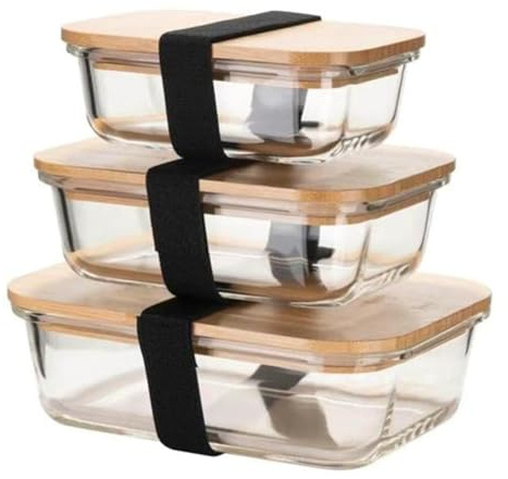 PRICE BEATER Meal Prep Glass Food Storage Containers, Food Containers with Airtight Bamboo Lids, Lunch Box, Eco friendly Glass Meal Prep Containers, with 3 Stretchable Elastic bands (Set of 3)