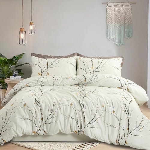 Freyamy Housse de Couette 220x240 Branche d’Arbre Parure de lit 2 Personne en Microfibre avec Fermeture Éclair Réversible Sets de Housse Couette avec 2 Taie d'oreiller 65 x 65 Linge de Lit Imprimé