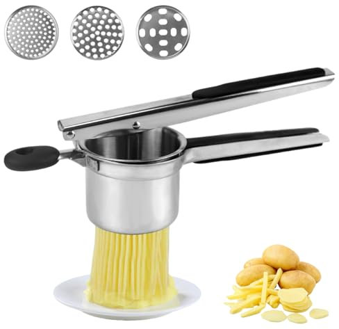 Schiacciapatate Professionale Acciaio Inox, Spremiagrumi per Patate Multifunzione, Pressa Manuale per Patate, con 3 Dischi Forati, per Frutta e Verdura