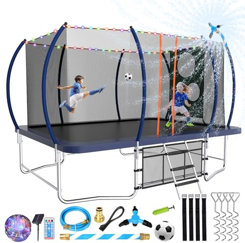 Lyromix 14FT Outdoor Rectangle Trampoline for Kids and Adults, Rectangular Trampoline with Curved Poles, Pumpkin Trampolin with Light, Sprinkler, Soccer and Storage Bag
