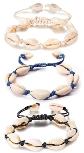 GWAWG 3 Stück Muschelkette Muschel Armband Fußkette Natürliche Kaurimuschel für Damen Mädchen Schwarz Weiß Blau