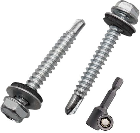SKIR'CO (200 st) Förzinkade takskruvar 4,8 x 38 mm, sexkantshuvud, DIN 7504-K Självborrande skruvar med EPDM tätningsbrickor