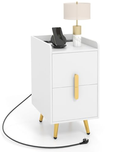 COSTWAY Table de Chevet avec Prise, Table de Chevet Intelligente 2 Tiroirs Coulissants, 1 Passe-câble, 2 Ports USB & 3 Prises, Bords Surélevés, Table de Nuit Design, 40 x 32 x 60 cm(Blanc)