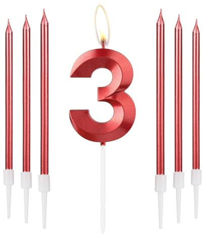 Rote Kerzen zum 3rd Geburtstag, rote 3D Zahl 3 Zahlenkerzen, Dekor für Mädchen 3rd Geburtstag, rote Kerzen-Kuchenaufsatz für Mädchen Frauen Geburtstag Party, rote lange Kerze,3rd Hochzeitstag Dekor