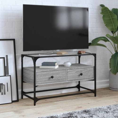 Homgoday TV-Schrank aus Glas, Sonoma-Grau, 80 x 35 x 51 cm, mehrschichtiges Holz, TV-Möbel, TV-Schrank für Wohnzimmer, industrielle TV-Ständer