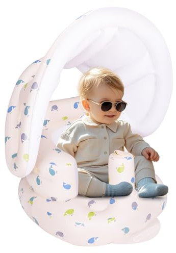 AirSwim Uppblåsbar barnstol med avtagbar baldakin och inbyggd pump, uppblåsbar babystol för spädbarn, 3 månader och uppåt, Bumbo-säte för spädbarn, uppblåsbar stol för utomhusbruk, inomhus, val