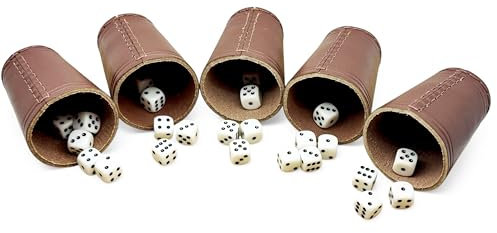 Würfelbecher Leder | 5er Set mit 30 Würfeln (16mm) | Handgefertigte Premium Echtleder Becher Braun (9cm x 7cm)