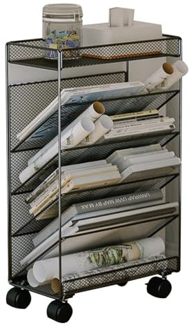 Mobiles Bücherregal mit Rollen, kompakt, Schreibtischaufbewahrung, Zeitschriftenständer auf Rädern, bodenstehend, Metall-Eckregal für enge Räume, Schwarz (33,5 x 17 x 57 cm)