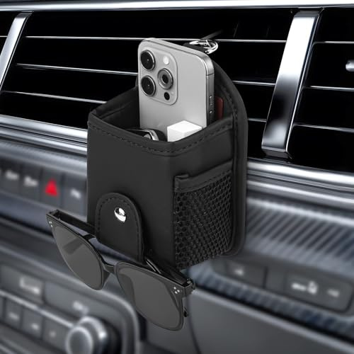 Qirc Auto PU Leder Lüftungsschlitztasche, Universal Sonnenbrillenhalter Organizer mit Clip, Auto Innenraum Aufbewahrungstasche für Handy, Münzen, Schlüssel, Kartenetui, kleine Gegenstände