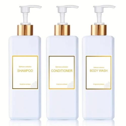 Dispensador Jabon Baño | Set de 3 Botes para Gel Champu y Acondicionador 500ML con Pegatinas | Este Dosificador Jabon Baño es Elegante y Realzará el Estilo de tu hogar (Blanco y Blanco)