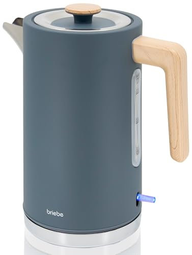 briebe Nordic Bouilloire Électrique 1,7 L, sans Fil, 2200 W Ébullition Rapide, sans BPA, Base 360°, Contrôleur Strix, Arrêt Automatique, Design Nordique, Poignée Effet Bois,Gris