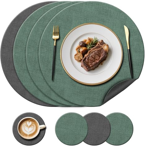 Kunstleder-Tischsets (38 cm) & Untersetzer (10 cm), Grün/Grau, 4er-Set | Beidseitig Runde Tischsets, hitzebeständig bis 212 °F, rutschfest & waschbar, für Glas-/Holz-/Marmortische, Küche, Garten