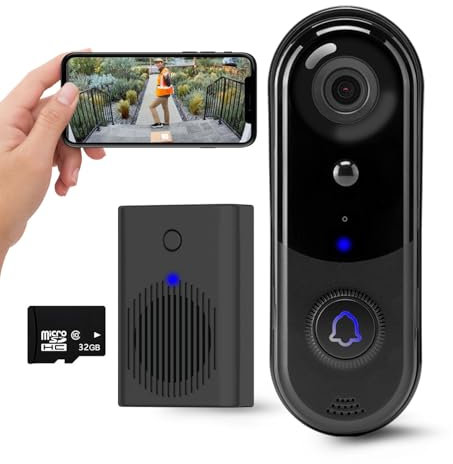 Taishixing Video Doorbell Camera with 32 GB SD Card, Wireless Doorbell Camera Outdoor, No Monthly Fee, indoor chime, 2.4G WiFi, IP65 Waterproof, Night Vision, Ai Human Detection