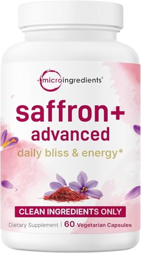 Saffron+ Advanced Supplements, 60 Veggie Capsules | Saffron Extract Blend with Fat-Soluble Vitamin C, Magnesium Glycinate, Turmeric, & KSM-66 Ashwagandha | Filler Free