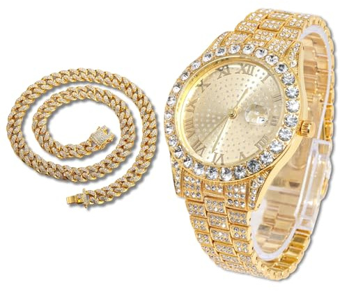 Richhut Lyxig diamantklocka för barn tonåringar - isad bling med 18K äkta guld/platinapläterad – 43 mm rund urtavla 20,5 cm rem – inklusive justeringsverktyg – valfritt med kubankedja, 18K guldklocka