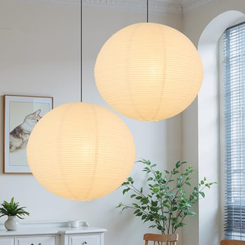 White Round Paper Lantern Lampshade set of 2, 20x20'' Large Paper Lanterns Pendant Light Shade, Chinese Foldable Design for Living Room, Bedroom, Ceiling Lampshade Party Decor