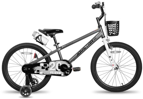 JOYSTAR Pluto 20 tums barncykel för 7–10 år pojkar och flickor. 20-tums barncykel med stabilisator/stativ och korg. Grön. Grå