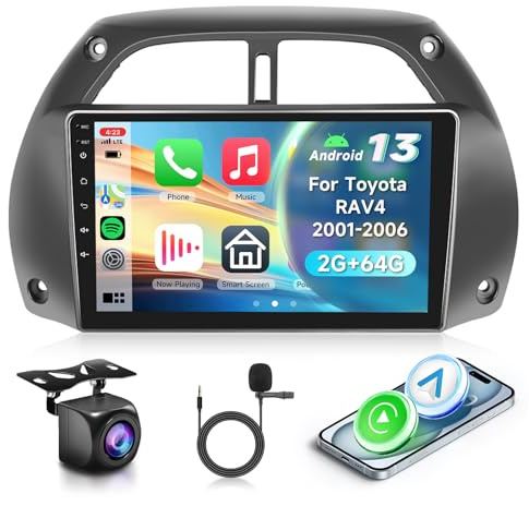 2G&64G VECHTEL 9 Bilradio för Toyota RAV4 2001-2006 med trådlös Android Auto Carplay, Bluetooth AM/FM/RDS-radio, EQ, Navi Wi-FI/AHD backkamera