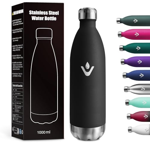 Botella Termica 1L, Reutilizable, Botella Agua Termica a Prueba de Fugas, Termo Agua Acero Inoxidable sin BPA, Botella Doble Pared para Oficina, Escuela, Gimnasio, Senderismo, Adultos, Aire Libre