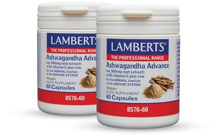 Pack x2 | Lamberts Ashwagandha, Cápsulas Vegetarianas con Extracto de Raíz, Vitamina C y Zinc, Para Sistema Inmunitario, 60 Cápsulas | LAMBERTS