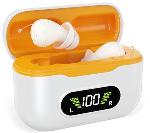 tomoneed Rechargeable Hearing Amplifier, Small In-Ear Design, Clear Everyday Sound, Voice Prompts, 4 Volume Levels, 3 Listening Modes, UV Cleaning Charging Case, Comfortable Fit for Adults