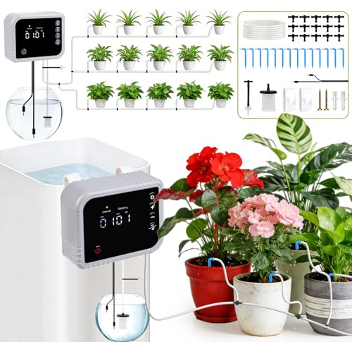 Kit di Irrigazione Automatica per Interno, Sistema di irrigazione automatico per 350 Modalità 2200 mAh Kit di Irrigazione a Goccia Automatica Ricaricabile per 15 Piante in Vaso da Interno, Balcone