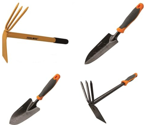 TOOLMAX Set attrezzi da giardino 4 pezzi con zappa 41x24,5 cm, rastrello 3 denti, palette trapianto e vanghetto, manico ergonomico antiscivolo-19345/19925/19926/19927