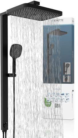 SCHÜTTE LA PALMA Duschsystem mit Regendusche und Duschsäule, 36x24 cm Edelstahl Duschkopf, Duschset ohne Duscharmatur, Duschstange mit Hand- und Kopfbrause, Schwarz