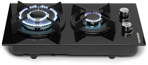 Wynwood Bellatrix Placa De Cocina De Gas 2 Quemadores Cristal Templado 7mm Encimera Gas GPL Con Soporte Hierro Fundido Quemador Sabaf 3.3kW + 1kW Encendido Automático Integrable