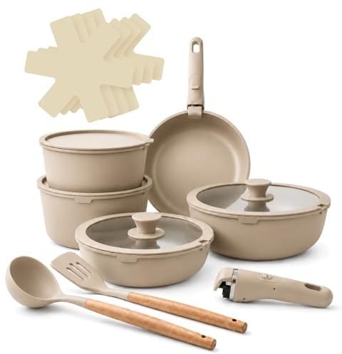GEM+ | 17 Piece Cookware Set with Removable Handles, Non Stick Pots and Pans Set, Aluminium Kitchen Cookware Set, Induction Gas Electric Compatible, Frying Pans Saucepans Cooking Set (Cream)
