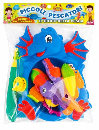EURO PUBLISHING Juego de pesca Dragón para niños de 3 años con caña de pescar, red y 5 peces de colores, incluye álbum para colorear