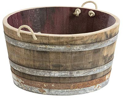 Temesso Holzfass, Weinfass halbiert aus Eichenholz rustikal - als Pflanzkübel oder Miniteich (mit Halteschlaufen)