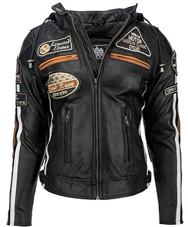 URBAN 5884 Blouson moto femme avec protections, cuir d'agneau, dos, épaules et coudes | Noir | M