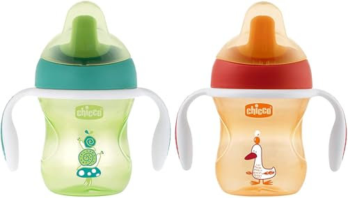 Chicco Training Cup, Un Bicchiere Plastica Antigoccia Bambini, Una Tazza per Imparare a Bere, Beccuccio Ergonomico Semi-Soft, Valvola e Manici Rimovibili - Verde/arancione, Colori Assortiti, 6 Mesi+